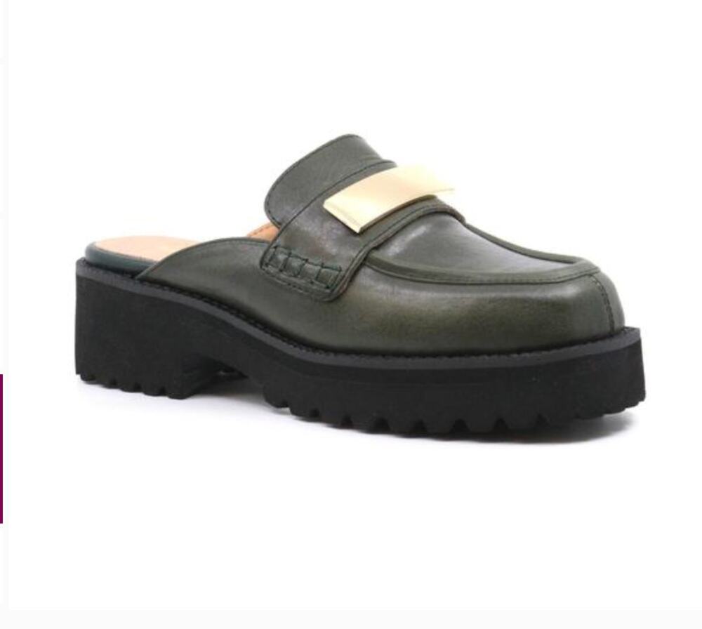 All Black Flat Buckle Mule Green Sz 8.5/9 US 39 EU NIB Minimalist Sleek Stylish